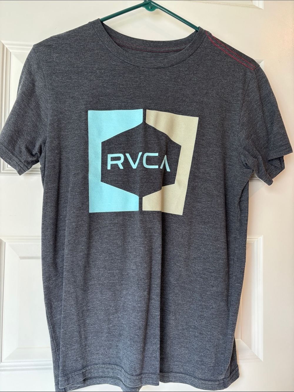 RVCA Charcoal Tee with Aqua and Cream Logo Panel